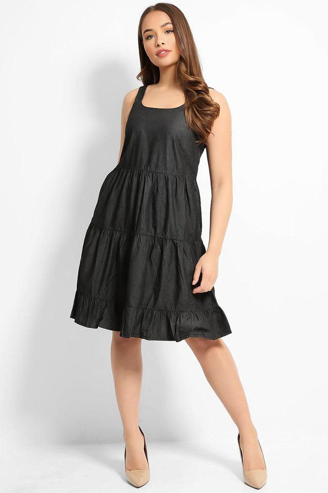 Dark Grey Thin Denim Tiered Summer Dress-SinglePrice