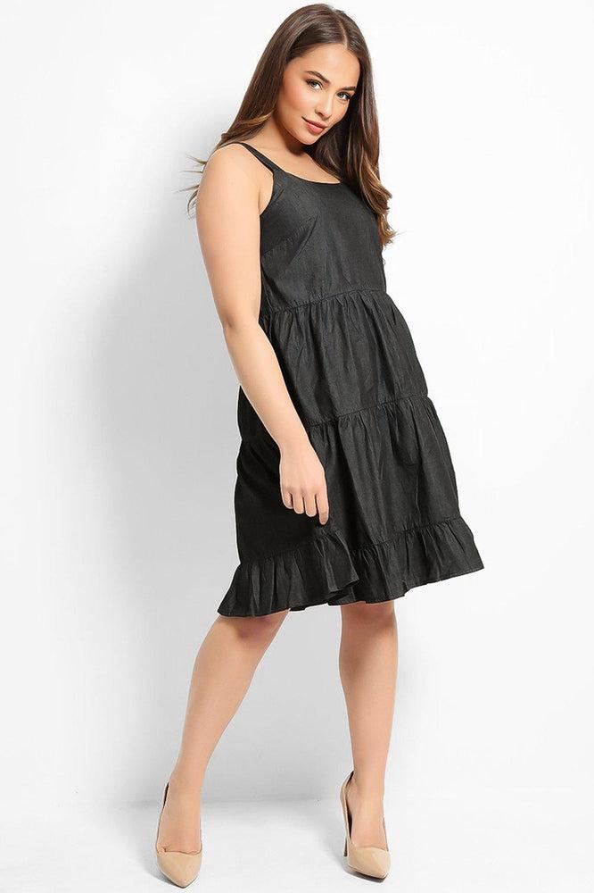 Dark Grey Thin Denim Tiered Summer Dress-SinglePrice