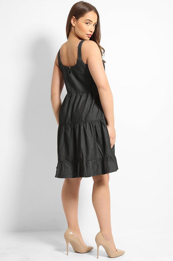 Dark Grey Thin Denim Tiered Summer Dress-SinglePrice