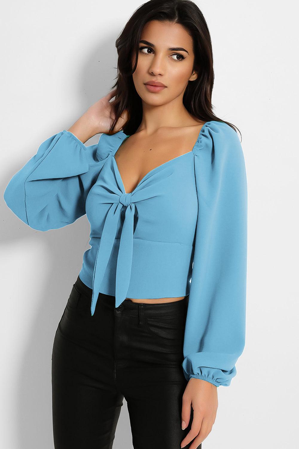 Lantern Sleeve Peek-a-Boo Tie Crop Top-SinglePrice