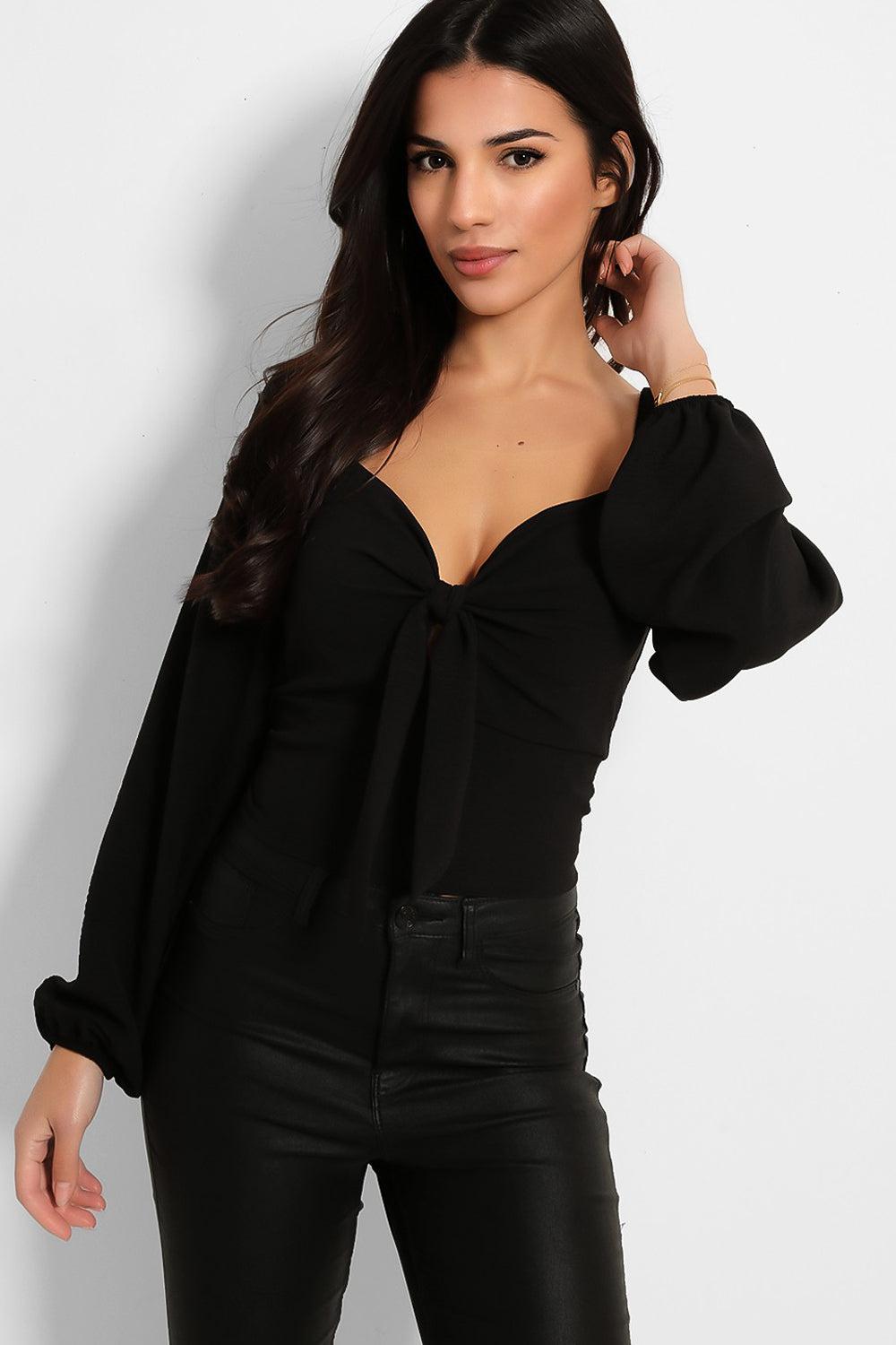 Lantern Sleeve Peek-a-Boo Tie Crop Top-SinglePrice