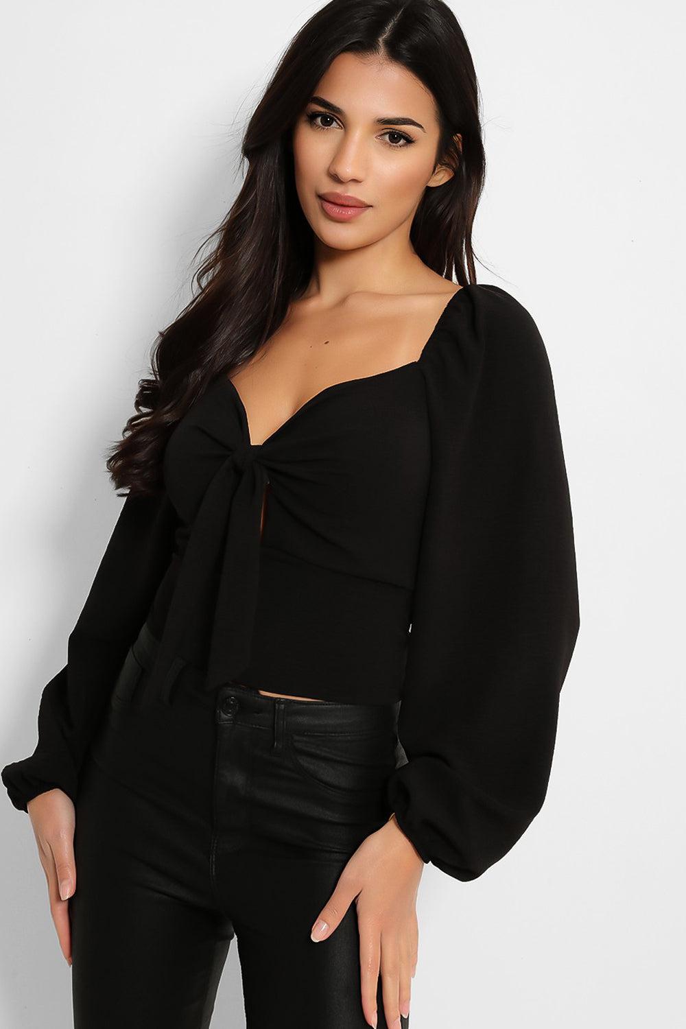 Lantern Sleeve Peek-a-Boo Tie Crop Top-SinglePrice