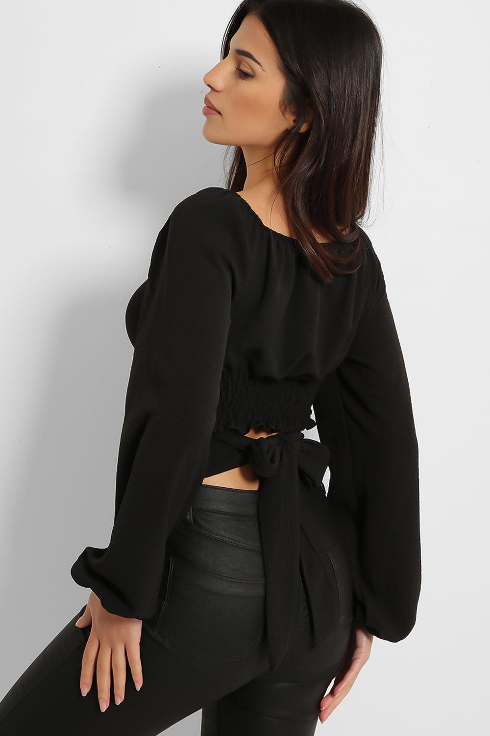 Lantern Sleeve Peek-a-Boo Tie Crop Top-SinglePrice