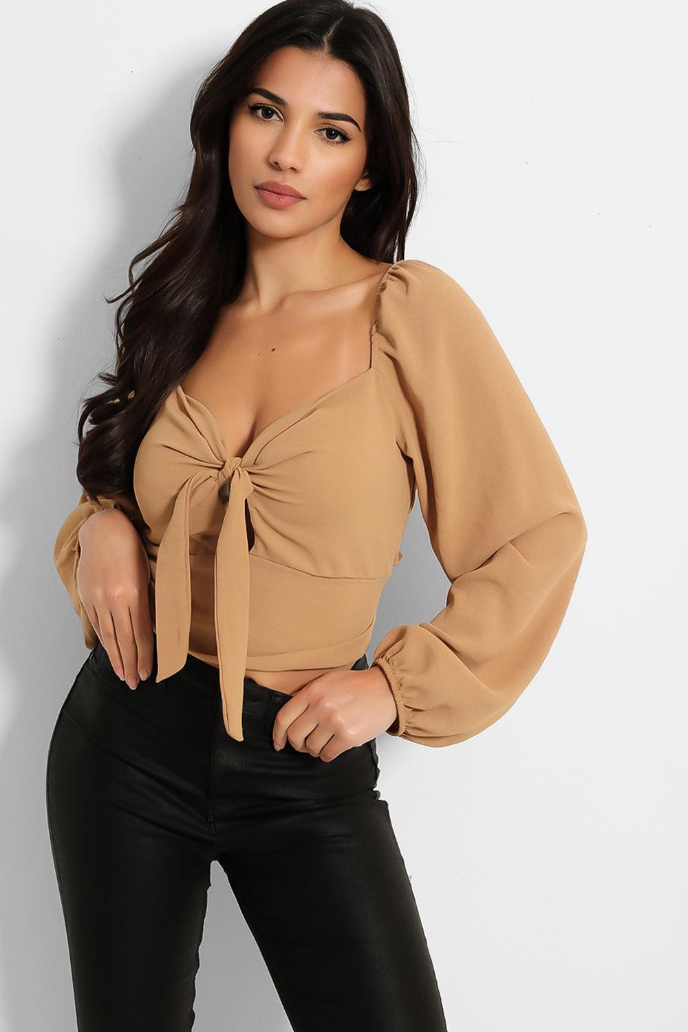 Lantern Sleeve Peek-a-Boo Tie Crop Top-SinglePrice