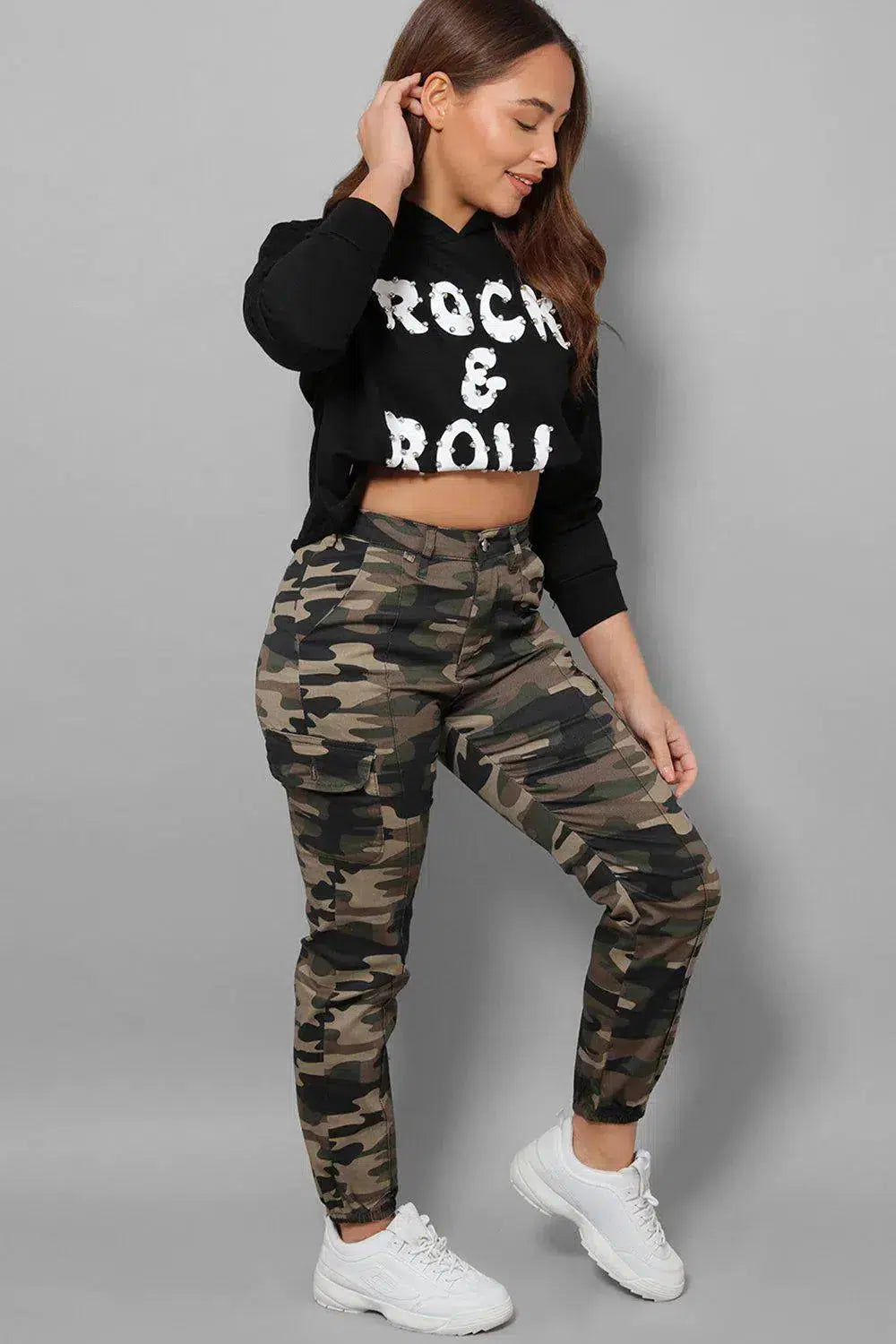 Khaki Camouflage Print Denim Cargo Trousers-SinglePrice