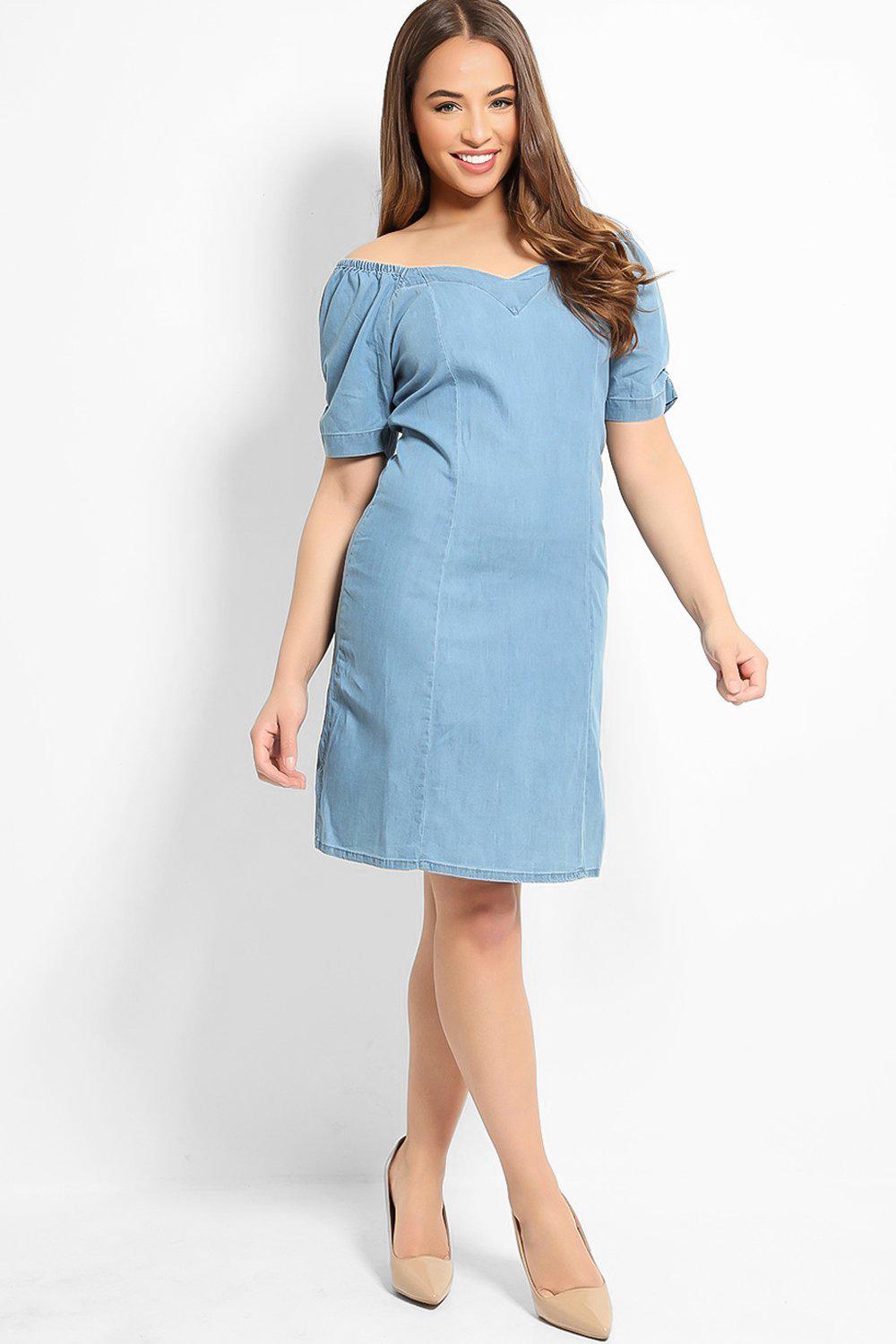 Blue Puff Sleeves Sweetheart Denim Dress-SinglePrice