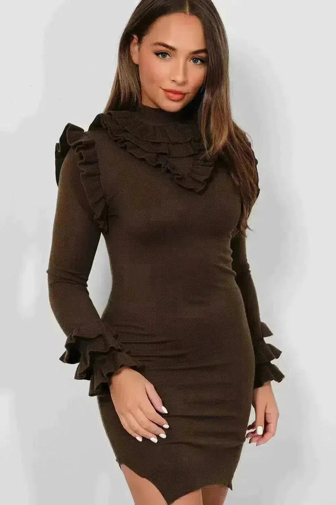 Khaki Frill Details Side Split Flat Knit Dress-SinglePrice