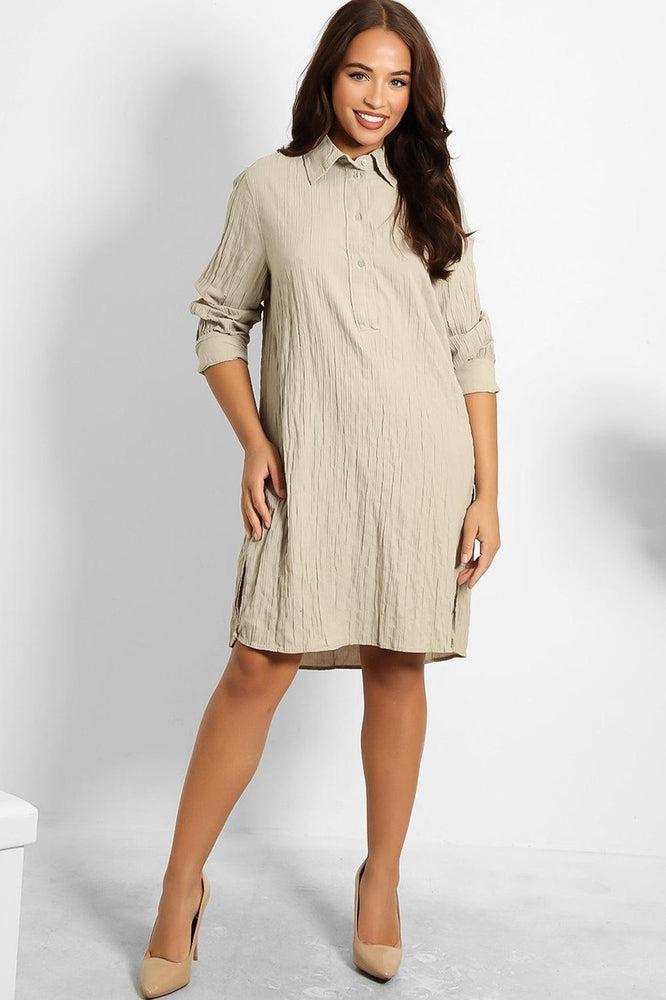 Textured Half Button Down Relaxed Fit Shirt Dress-SinglePrice