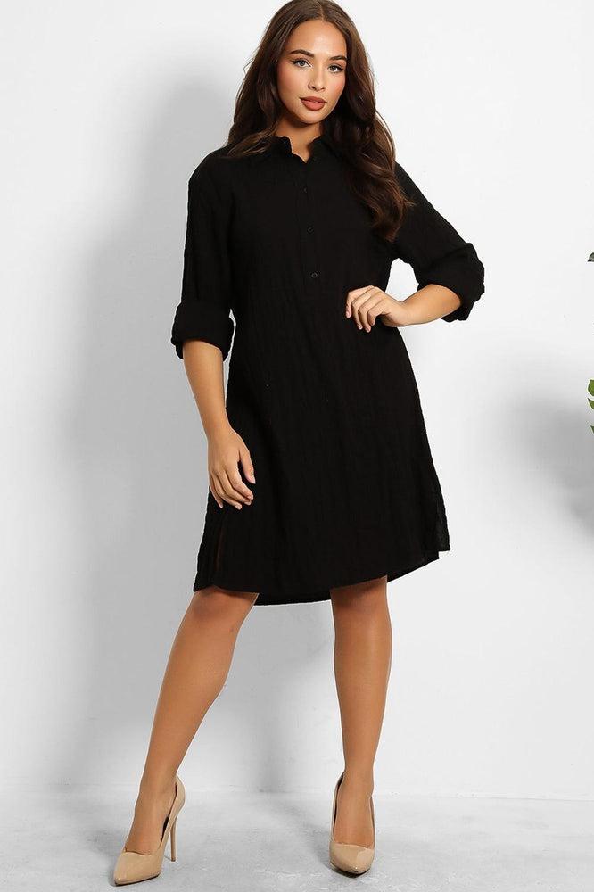 Textured Half Button Down Relaxed Fit Shirt Dress-SinglePrice