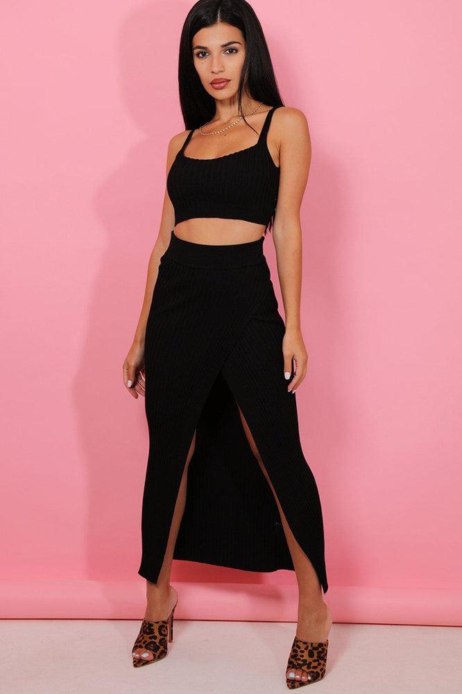 Black Knitted Crop Top High Split Maxi Skirt Set-SinglePrice