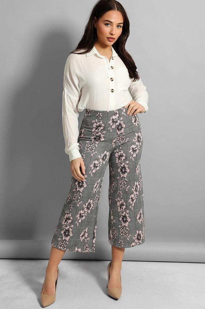 Grey Pink Floral Print Cropped Trousers-SinglePrice