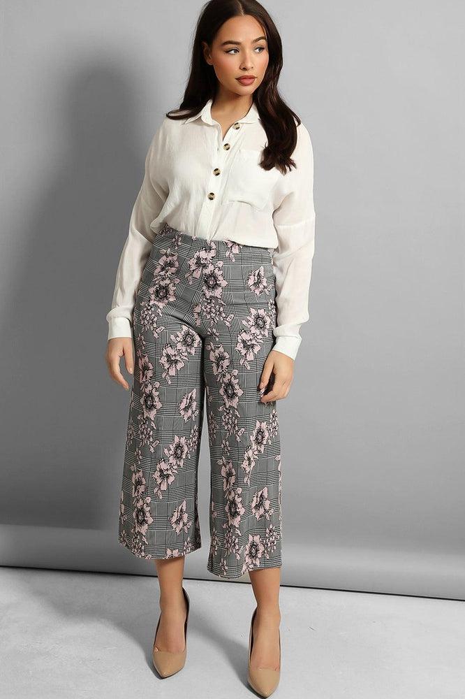 Grey Pink Floral Print Cropped Trousers-SinglePrice