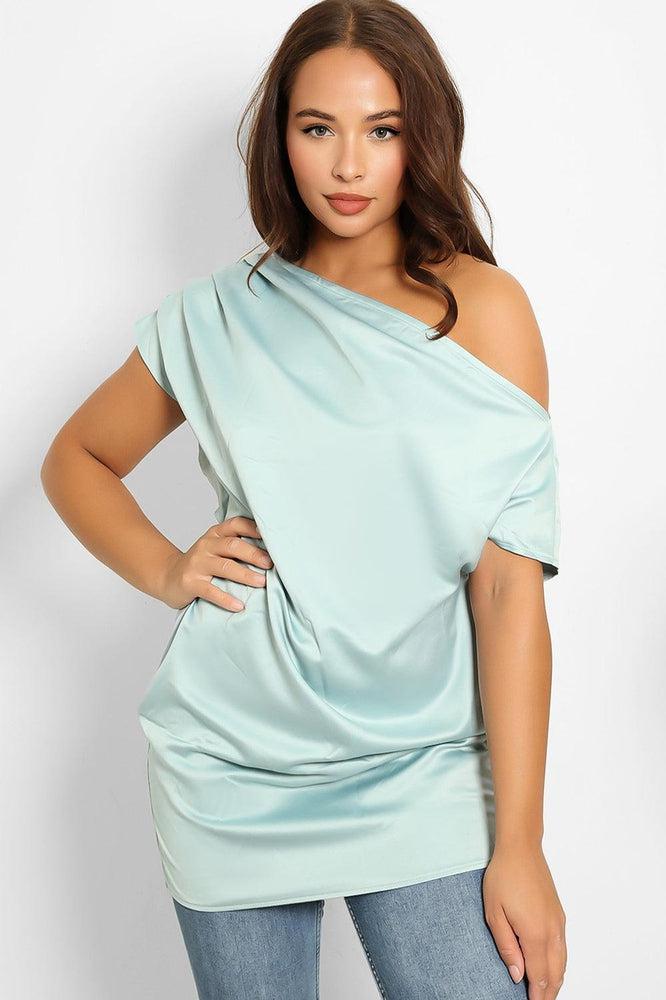 Mint Satin Asymmetric Sleeves Top-SinglePrice