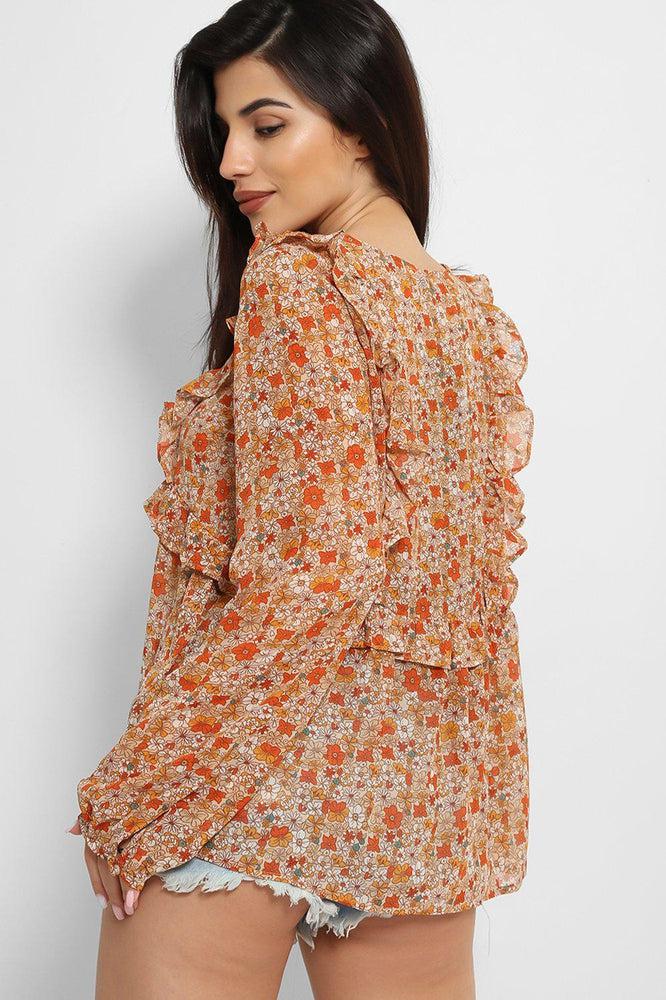 Orange Floral Print Frill Details Chiffon Summer Blouse-SinglePrice