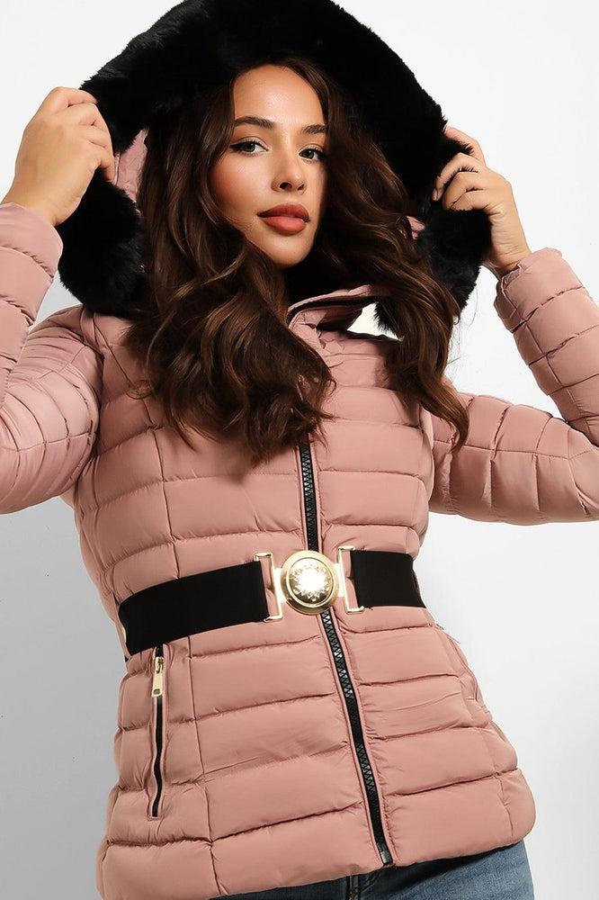 Faux Fur Trim Hood Padded Jacket With Elastic Belt And Gold Buckle-SinglePrice