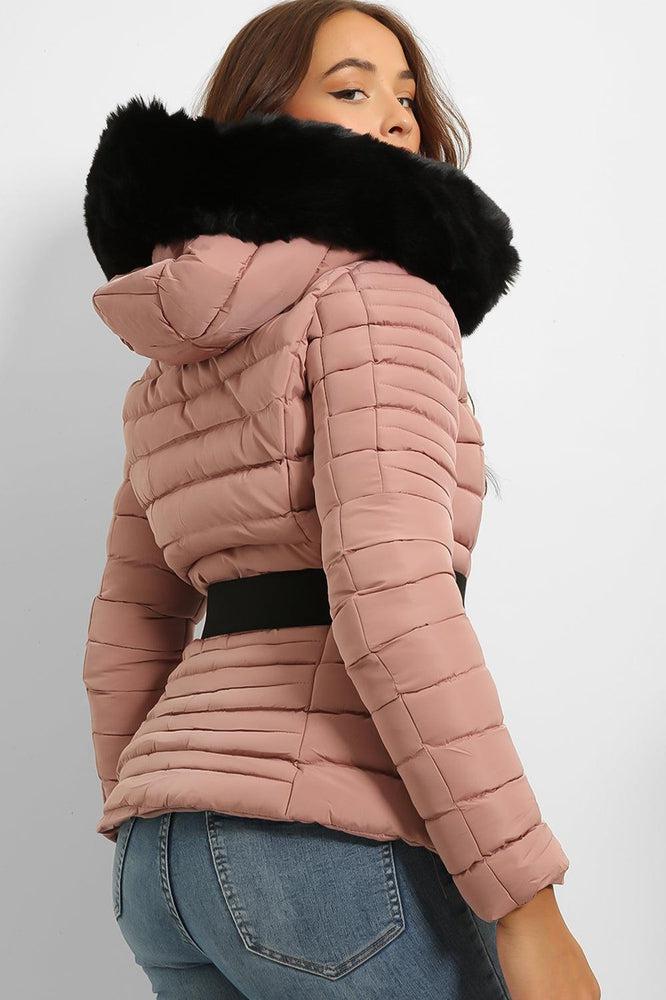 Faux Fur Trim Hood Padded Jacket With Elastic Belt And Gold Buckle-SinglePrice