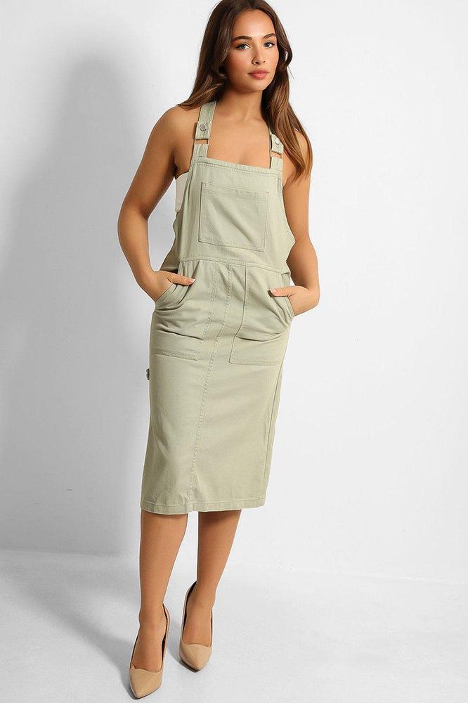 Mint Denim Tool Belt Detail Midi Pinafore Dress-SinglePrice
