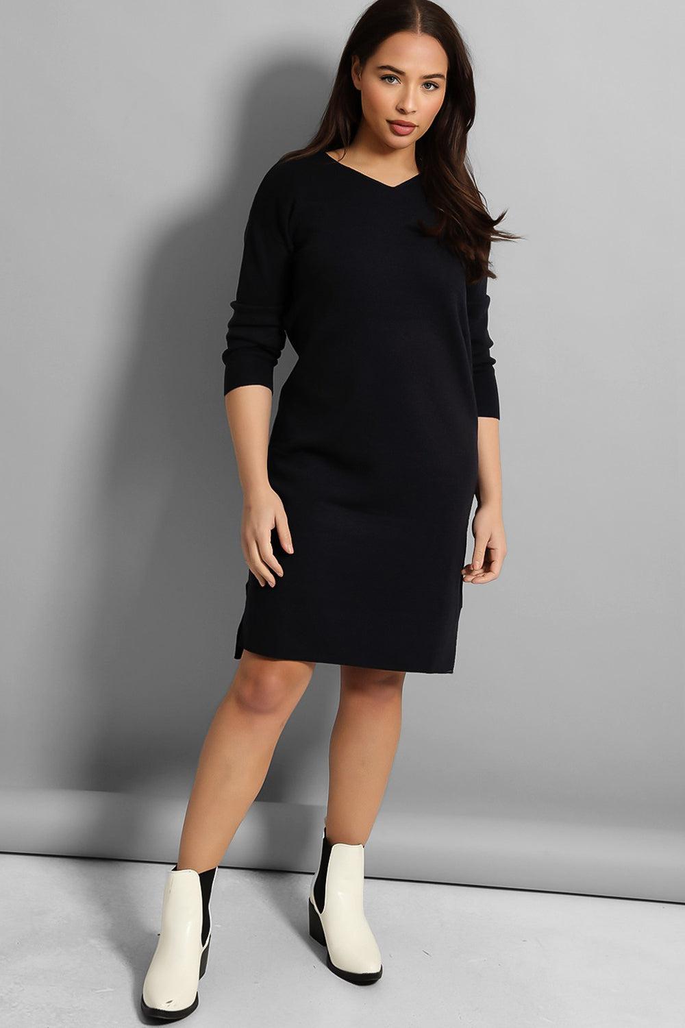 V-Neck Split Hem Knitted Midi Dress-SinglePrice