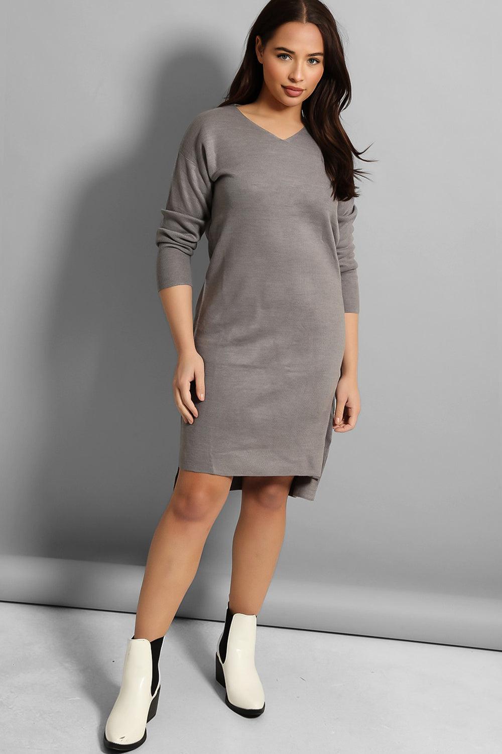 V-Neck Split Hem Knitted Midi Dress-SinglePrice