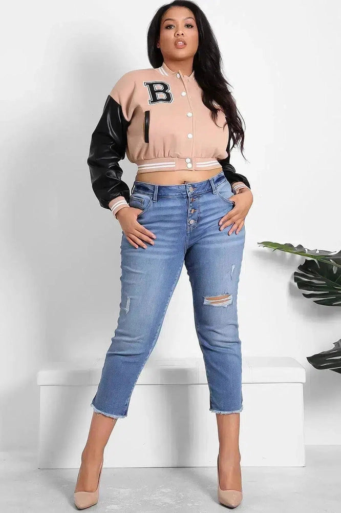 Vegan Leather Sleeves Cropped Varsity Jacket-SinglePrice