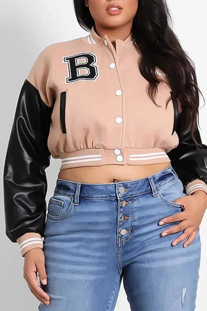 Vegan Leather Sleeves Cropped Varsity Jacket-SinglePrice