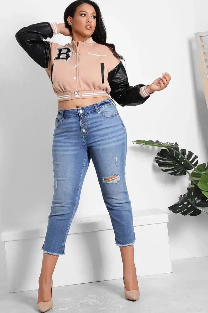 Vegan Leather Sleeves Cropped Varsity Jacket-SinglePrice