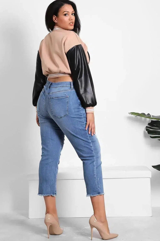 Vegan Leather Sleeves Cropped Varsity Jacket-SinglePrice