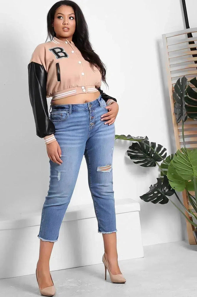 Vegan Leather Sleeves Cropped Varsity Jacket-SinglePrice