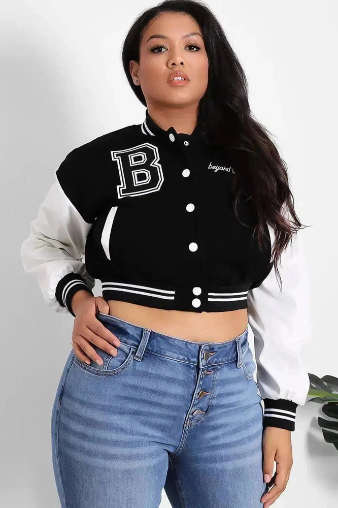 Vegan Leather Sleeves Cropped Varsity Jacket-SinglePrice