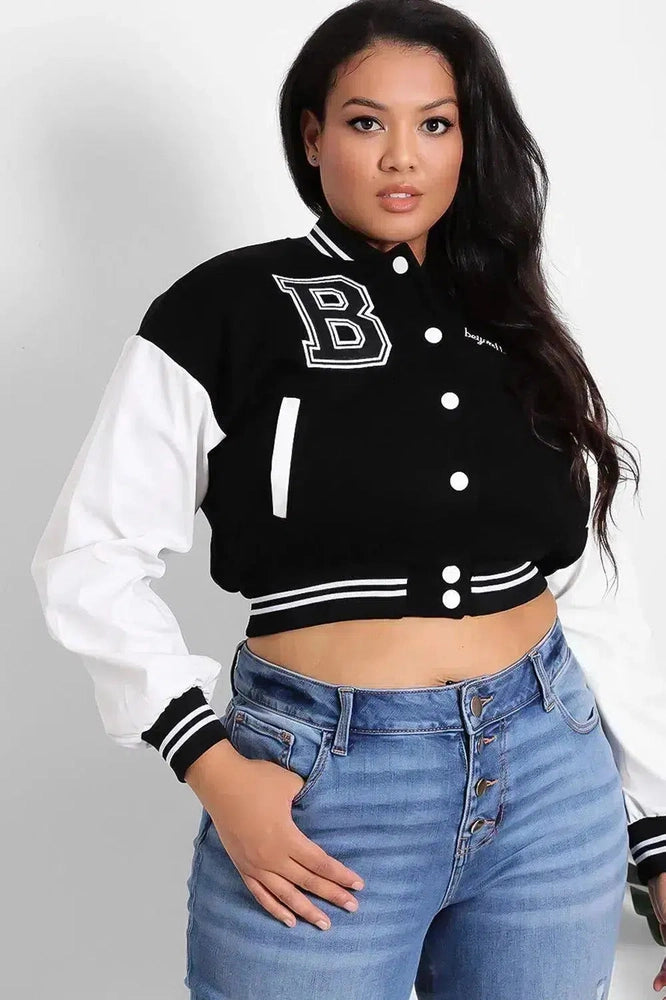 Vegan Leather Sleeves Cropped Varsity Jacket-SinglePrice