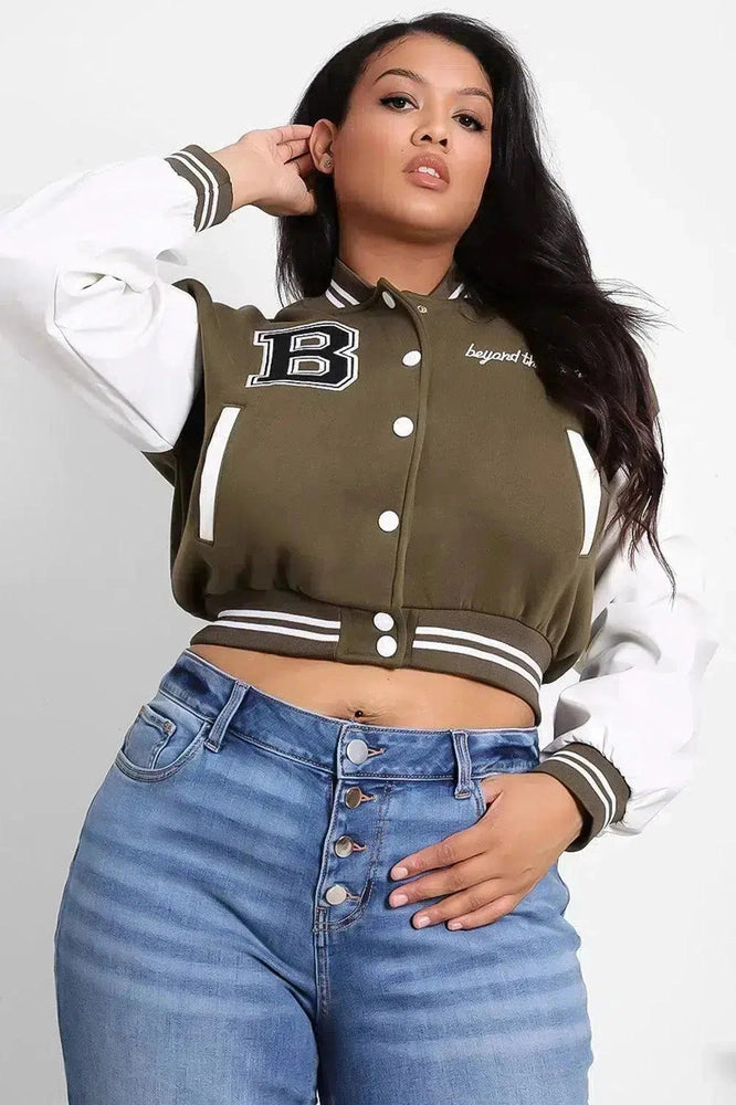 Vegan Leather Sleeves Cropped Varsity Jacket-SinglePrice