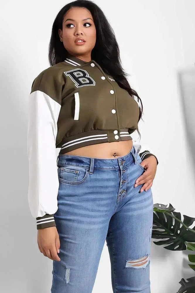 Vegan Leather Sleeves Cropped Varsity Jacket-SinglePrice