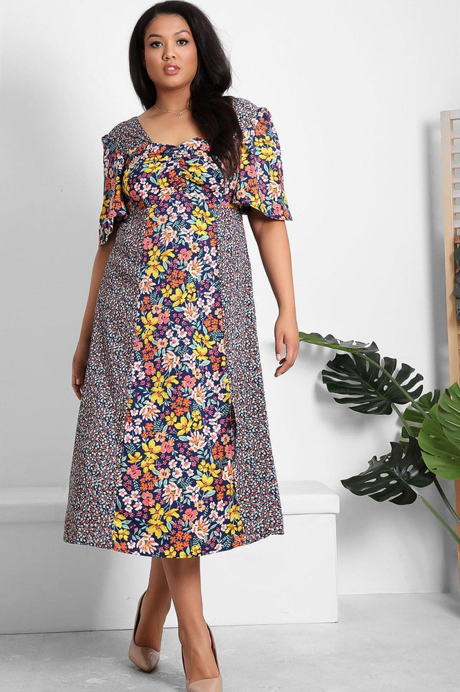 Navy Multicolour Floral Print Milkmaid Dress-SinglePrice