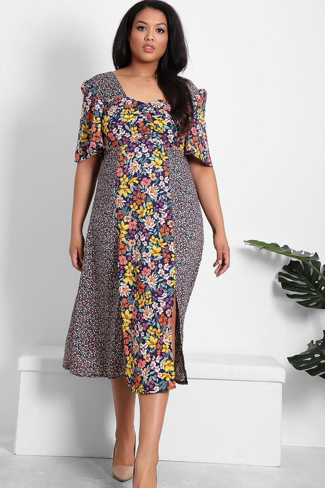 Navy Multicolour Floral Print Milkmaid Dress-SinglePrice