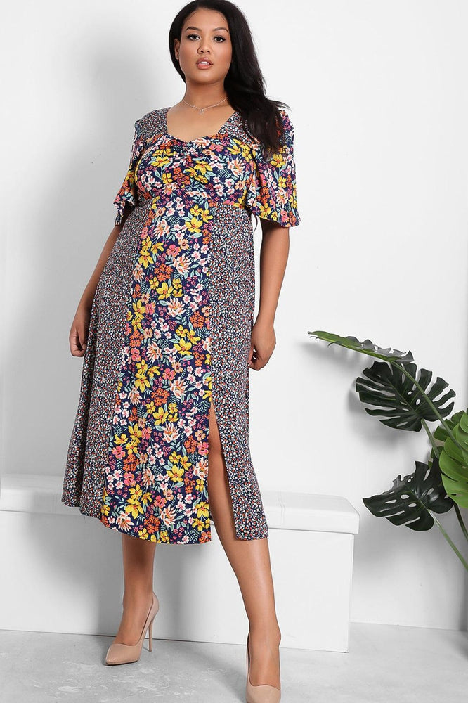 Navy Multicolour Floral Print Milkmaid Dress-SinglePrice