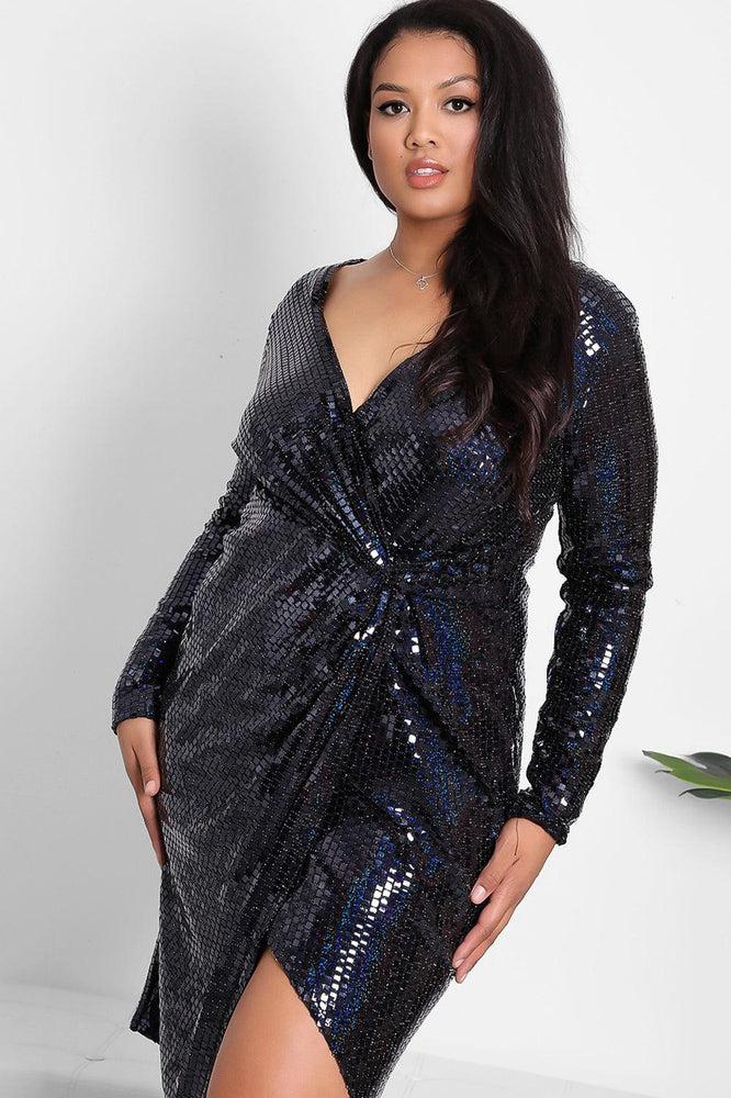 Navy Sequins Embellished Fixed Wrap Party Dress-SinglePrice