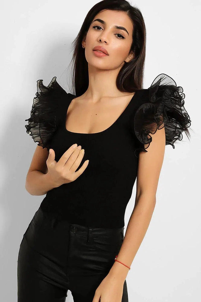 Frilled Shoulders Ribbed Crop Top-SinglePrice