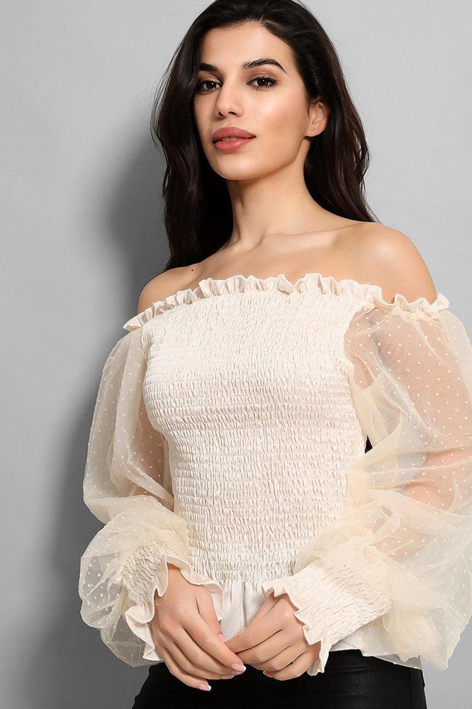 Beige Dobby Mesh Sleeves Shirred Top-SinglePrice