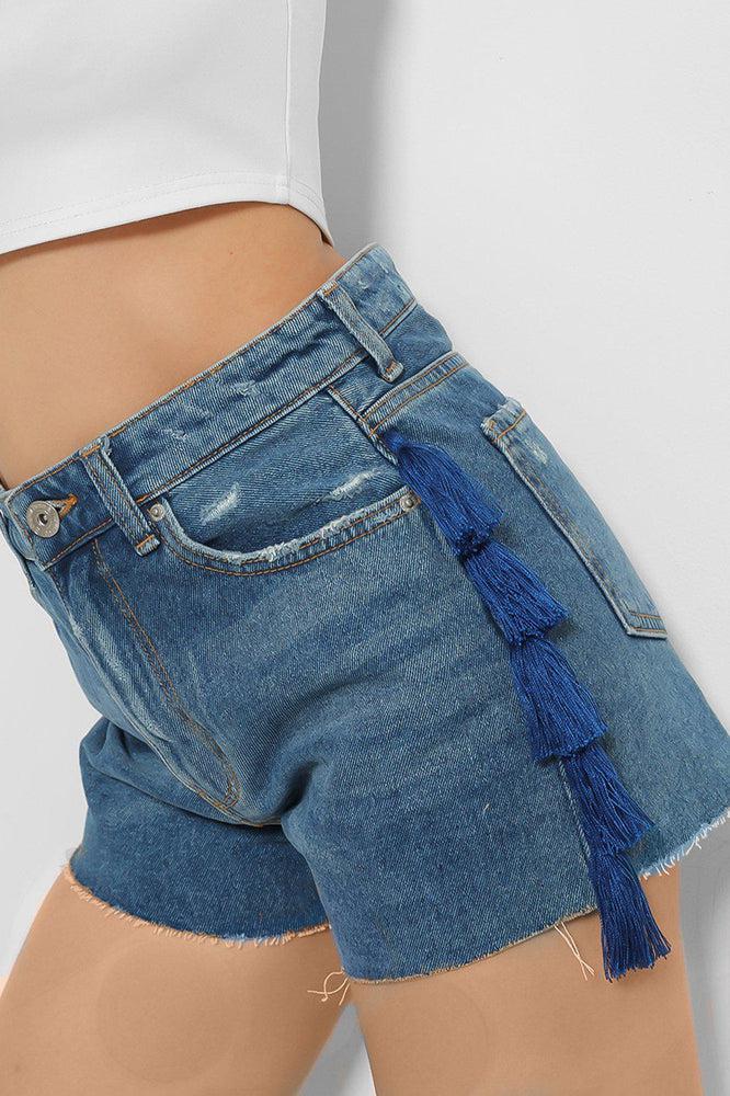 Blue Tassel Side Details Denim Hotpants-SinglePrice