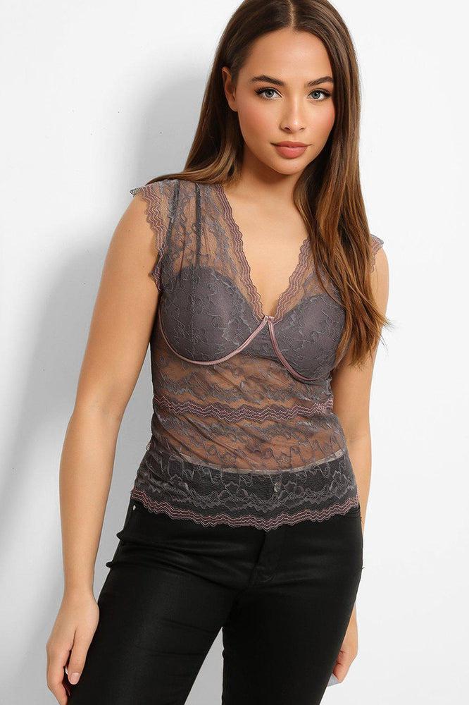 Grey Pink Trims Delicate Lace Top-SinglePrice