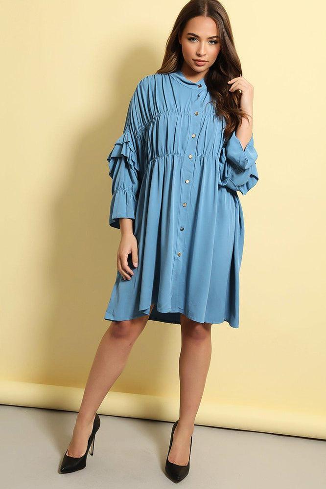 Blue Tiered Details Frill Sleeves Lazy Fit Dress-SinglePrice