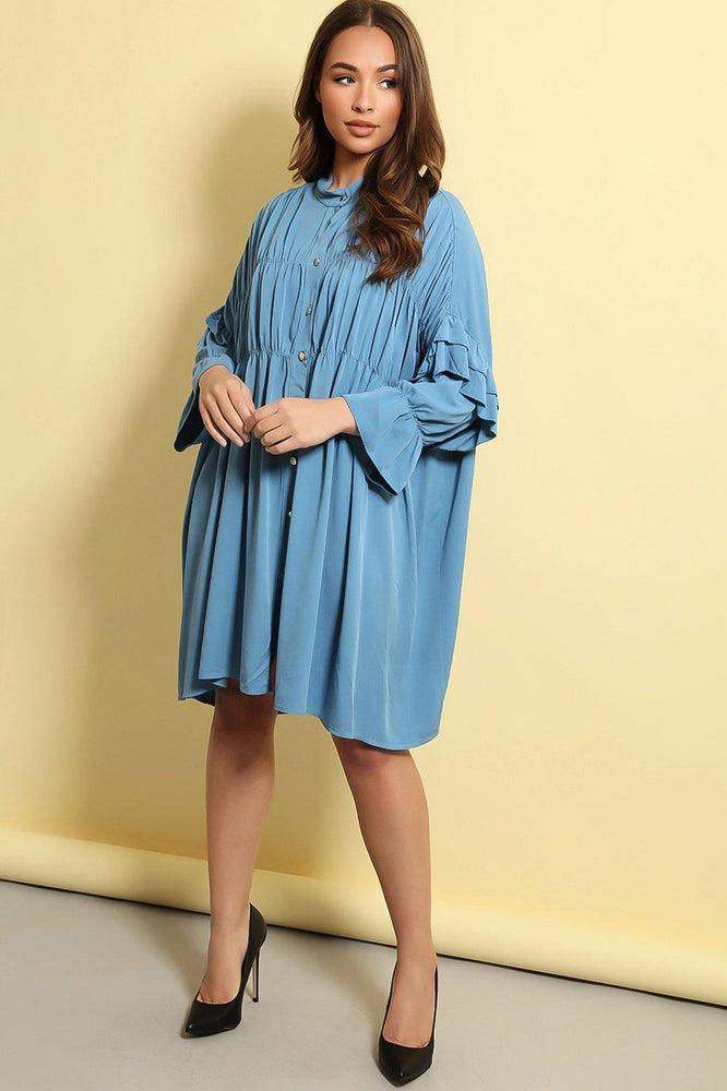 Blue Tiered Details Frill Sleeves Lazy Fit Dress-SinglePrice