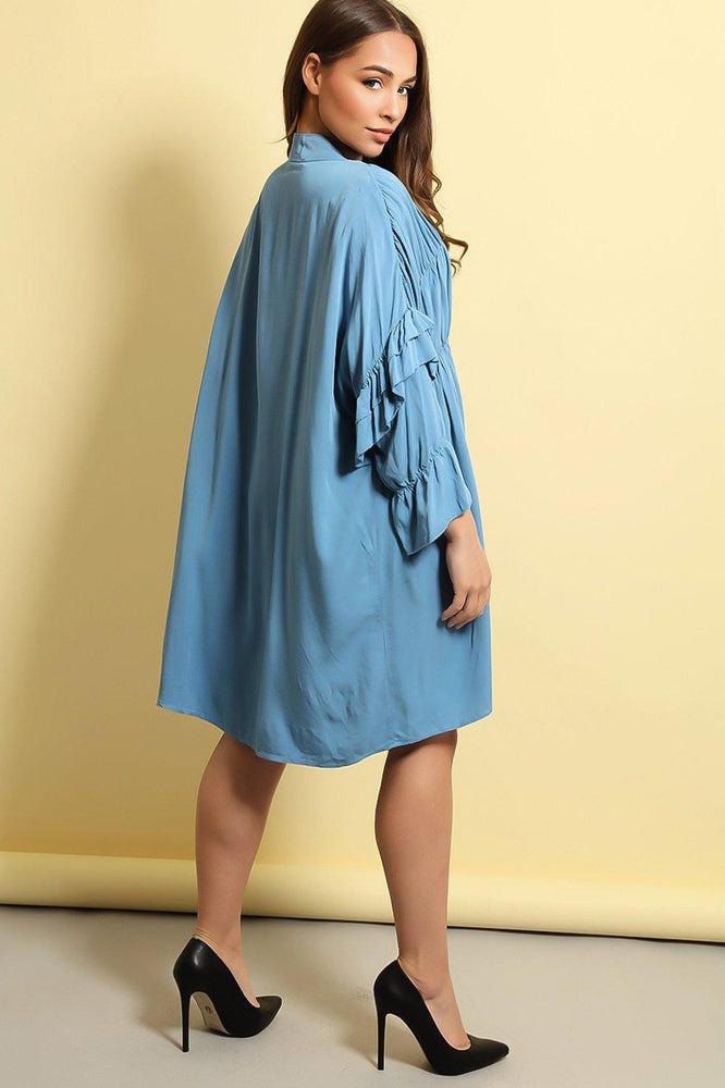 Blue Tiered Details Frill Sleeves Lazy Fit Dress-SinglePrice