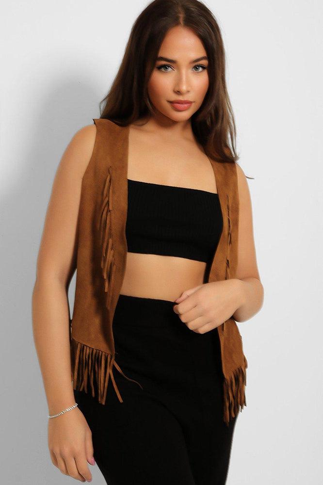 Soft Vegan Suede Fringed Gilet-SinglePrice