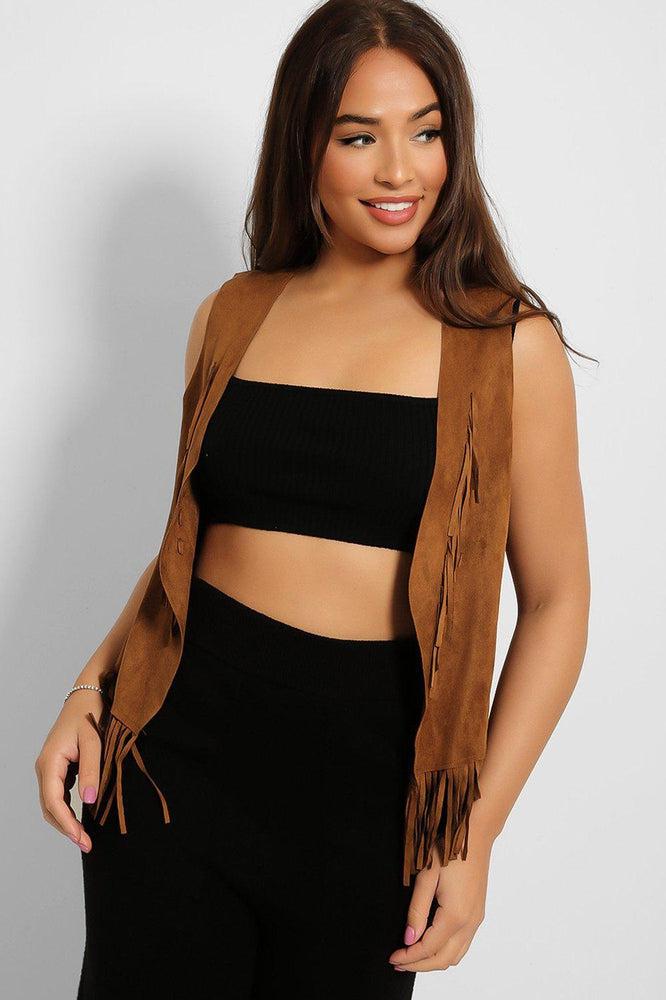 Soft Vegan Suede Fringed Gilet-SinglePrice