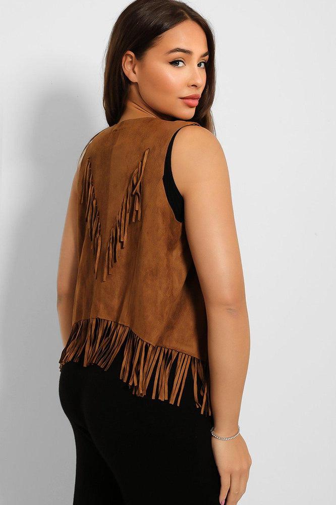 Soft Vegan Suede Fringed Gilet-SinglePrice