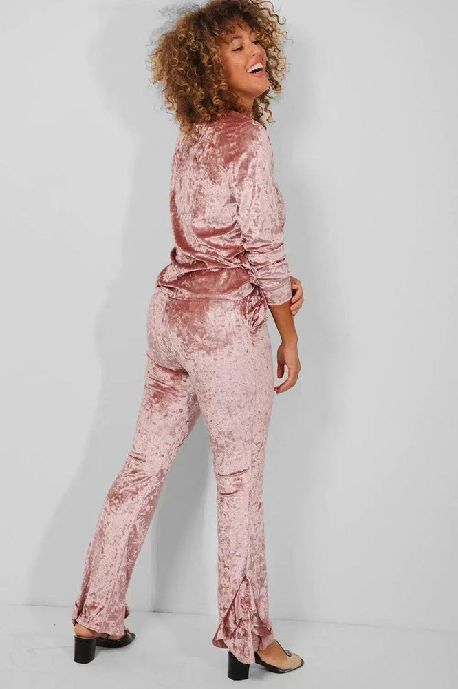 Pink Crushed Velvet 2 Piece Loungewear Set-SinglePrice