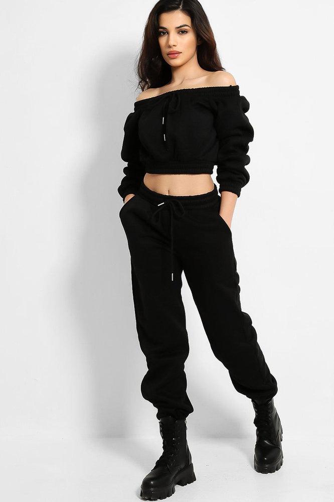 Black Fleece Lined Cropped Sweatshirt And Sweatpants Set-SinglePrice