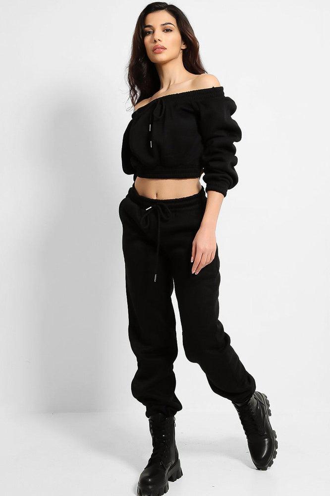 Black Fleece Lined Cropped Sweatshirt And Sweatpants Set-SinglePrice