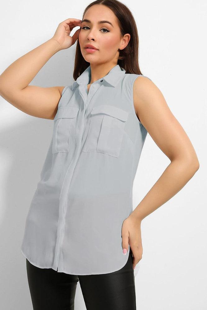 Hidden Placket Front Pockets Sleeveless Chiffon Shirt-SinglePrice